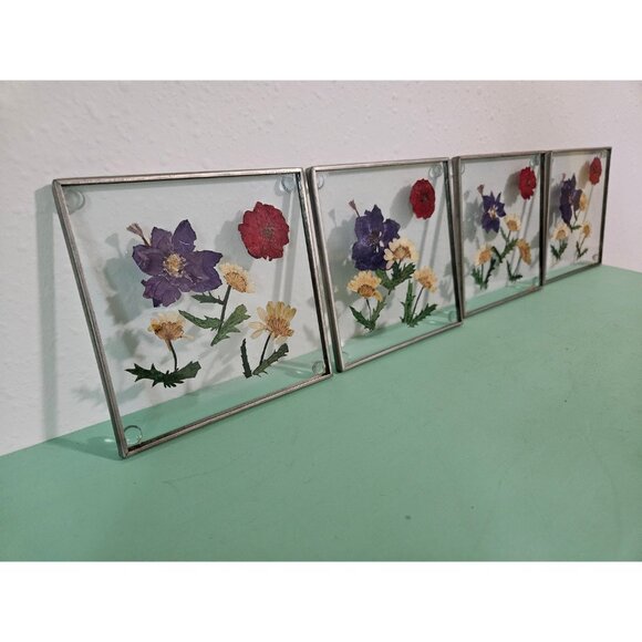 Pressed Flower Glass Drink Coast Set With Holder - Picture 2 of 7